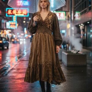 Young Threads Amber Brown Velvet Accent Boho Smocked Midi Dress Med Fairycore